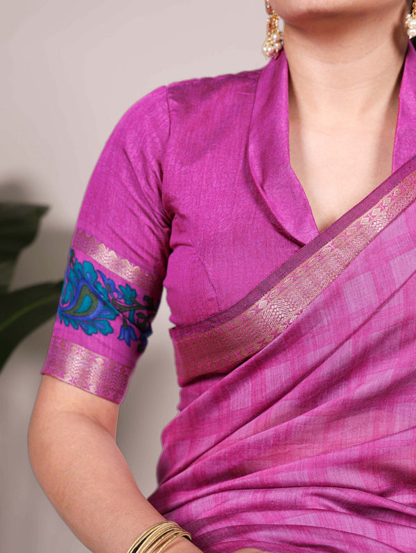 Pink Printed Chanderi Saree with Zari Weaving Work | Polyester Viscose Clothsvilla