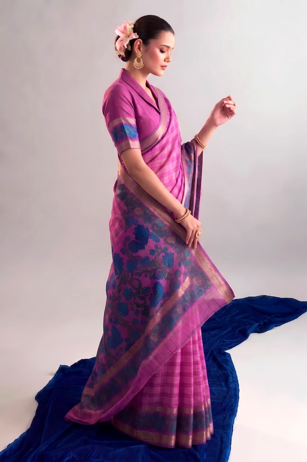 Pink Printed Chanderi Saree with Zari Weaving Work | Polyester Viscose Clothsvilla
