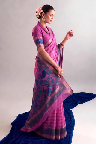 Pink Printed Chanderi Saree with Zari Weaving Work | Polyester Viscose Clothsvilla