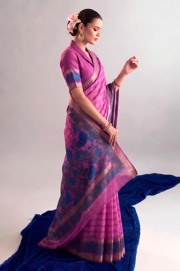 Pink Printed Chanderi Saree with Zari Weaving Work | Polyester Viscose Clothsvilla