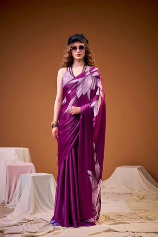 Pink Satin Silk Floral Printed Saree with Matching Unstitched Blouse ClothsVilla