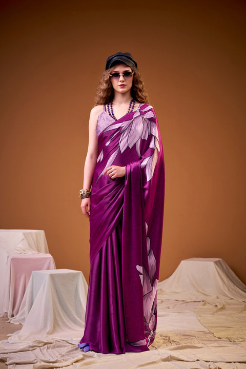 Pink Satin Silk Floral Printed Saree with Matching Unstitched Blouse ClothsVilla Main image