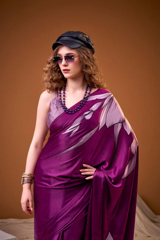 Pink Satin Silk Floral Printed Saree with Matching Unstitched Blouse ClothsVilla