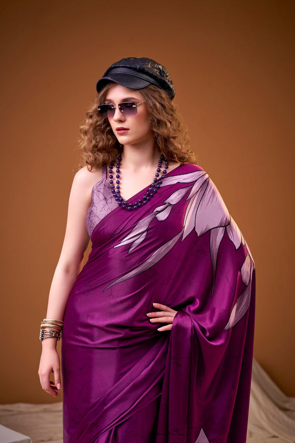 Pink Satin Silk Floral Printed Saree with Matching Unstitched Blouse ClothsVilla