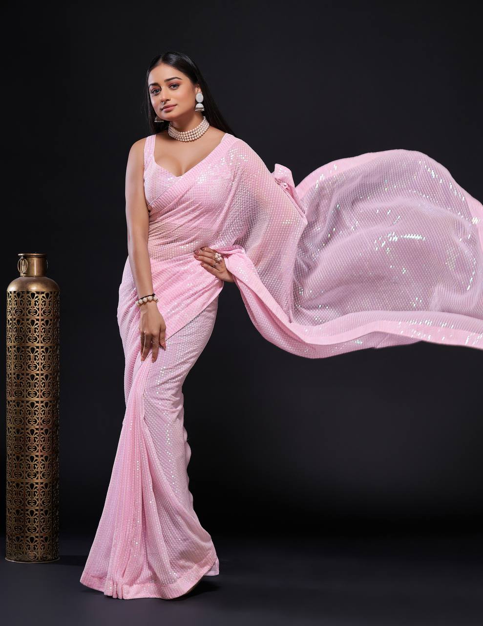 Pink Stunning Georgette Saree with Rainbow Sequin Work & Matching Blouse ClothsVilla