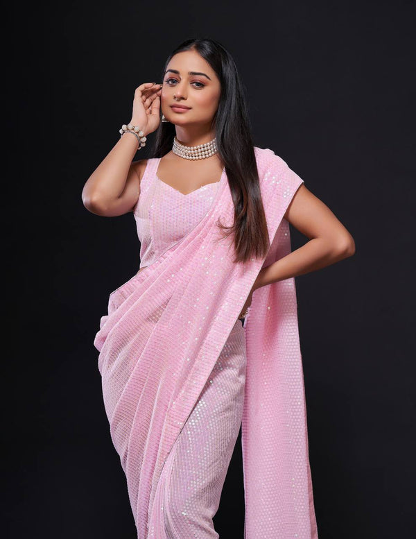 Pink Stunning Georgette Saree with Rainbow Sequin Work & Matching Blouse ClothsVilla