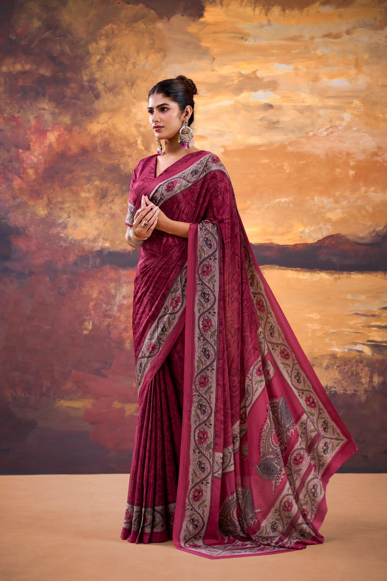 Pink Stylish Printed Crepe Saree with Matching Blouse Piece ClothsVilla
