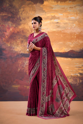 Pink Stylish Printed Crepe Saree with Matching Blouse Piece ClothsVilla