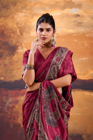 Pink Stylish Printed Crepe Saree with Matching Blouse Piece ClothsVilla