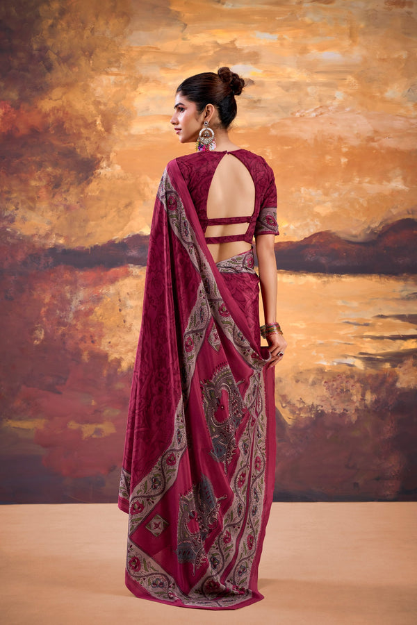 Pink Stylish Printed Crepe Saree with Matching Blouse Piece ClothsVilla
