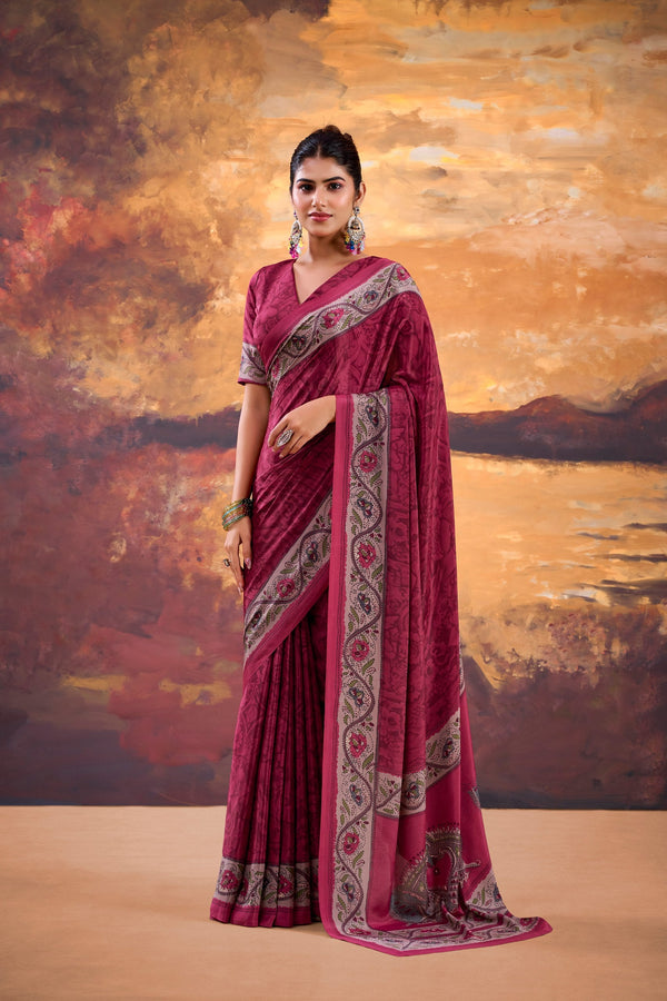 Pink Stylish Printed Crepe Saree with Matching Blouse Piece ClothsVilla