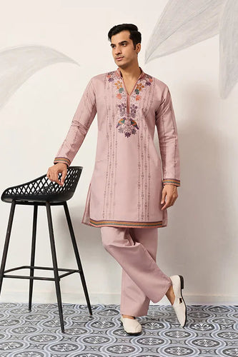 Classic Pink Embroidered V Neck Kurta Pant Outfit for Mens Wear Clothsvilla