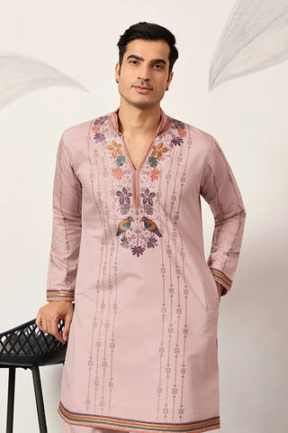 Classic Pink Embroidered V Neck Kurta Pant Outfit for Mens Wear Clothsvilla