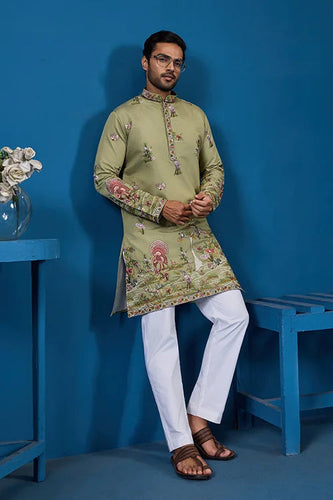 Traditional Pista Green Embroidered Kurta for Men Clothsvilla