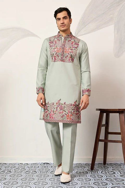 Pista Green Kurta Pant Set for Wedding & Festive Wear Clothsvilla Main image