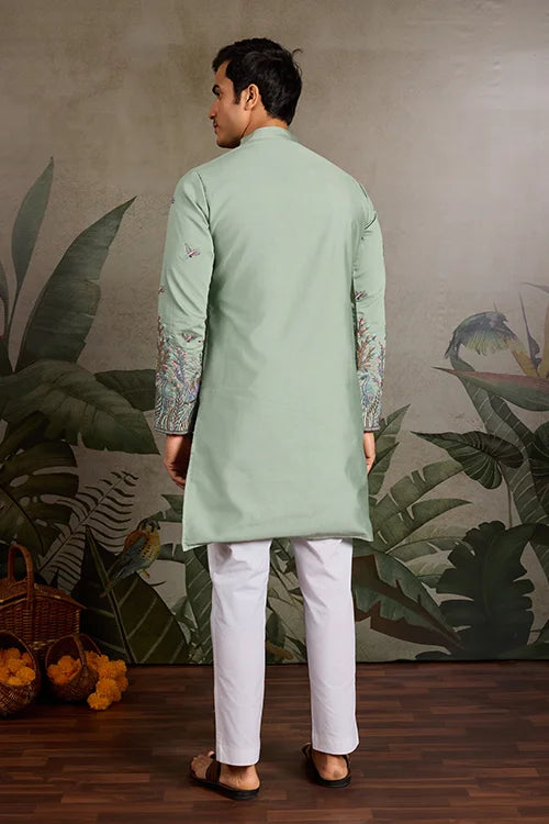 Embroidered Pista Green Wedding Kurta for Mens Clothsvilla