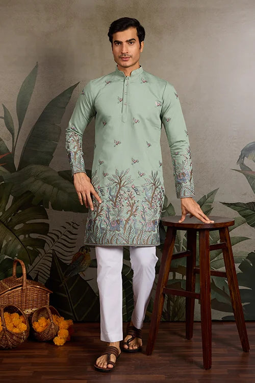 Embroidered Pista Green Wedding Kurta for Mens Clothsvilla
