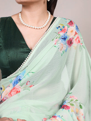 Pista Graceful Weightless Marble Saree with Floral Print & Pearl Lace Border – Includes Banglory Blouse Piece ClothsVilla