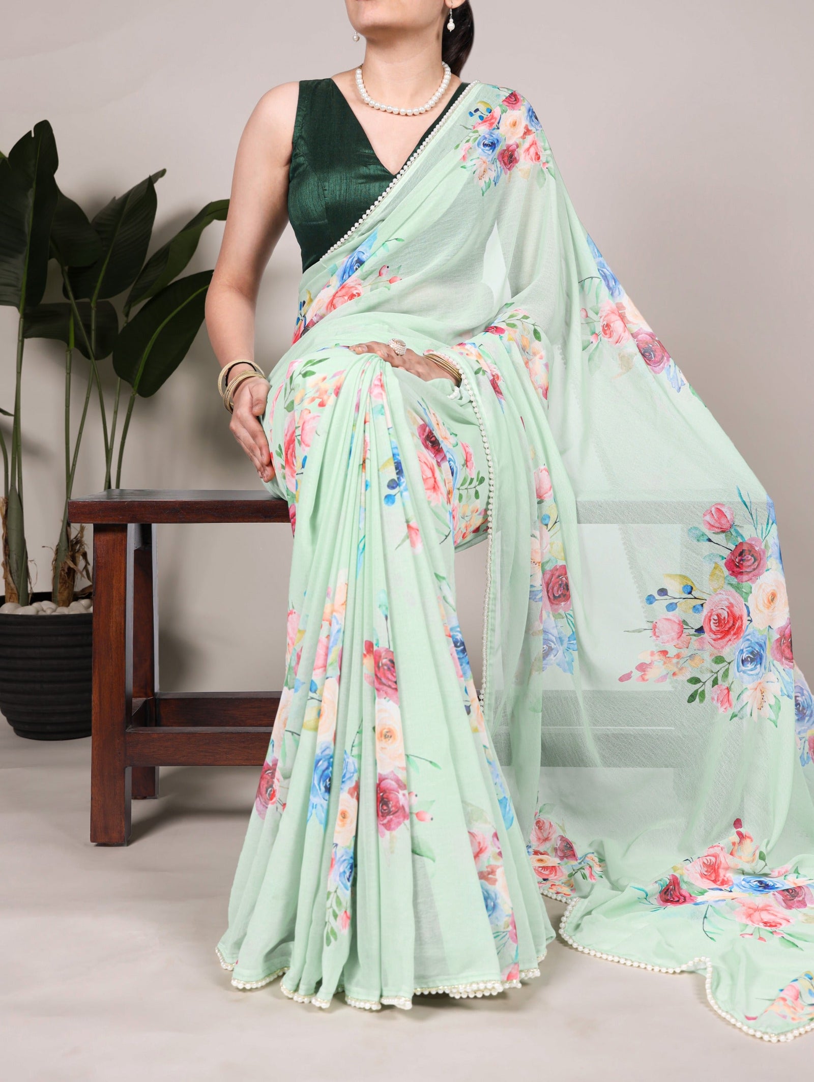 Pista Graceful Weightless Marble Saree with Floral Print & Pearl Lace Border – Includes Banglory Blouse Piece ClothsVilla