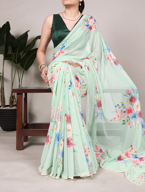 Pista Graceful Weightless Marble Saree with Floral Print & Pearl Lace Border – Includes Banglory Blouse Piece ClothsVilla