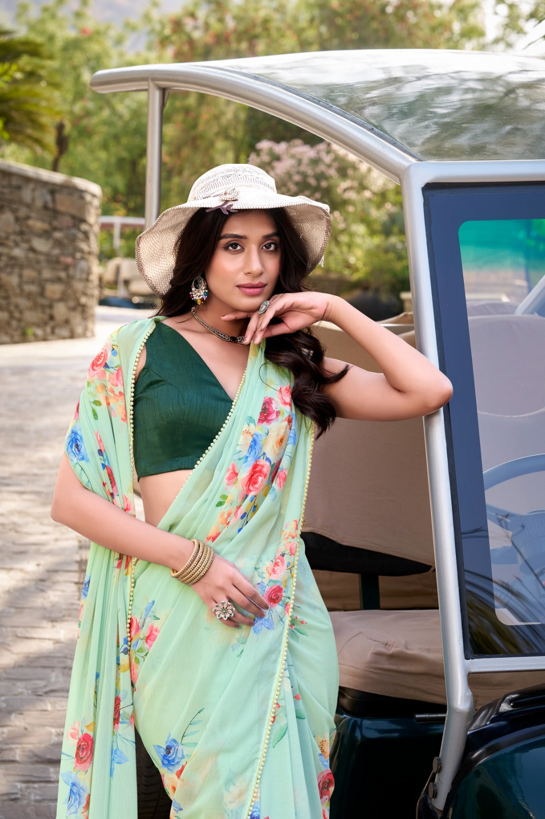 Pista Graceful Weightless Marble Saree with Floral Print & Pearl Lace Border – Includes Banglory Blouse Piece ClothsVilla