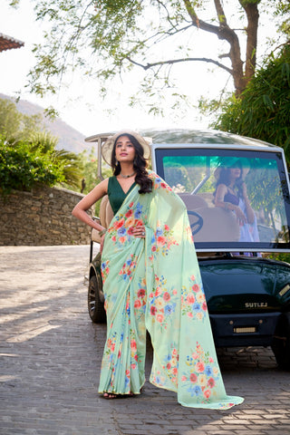 Pista Graceful Weightless Marble Saree with Floral Print & Pearl Lace Border – Includes Banglory Blouse Piece ClothsVilla