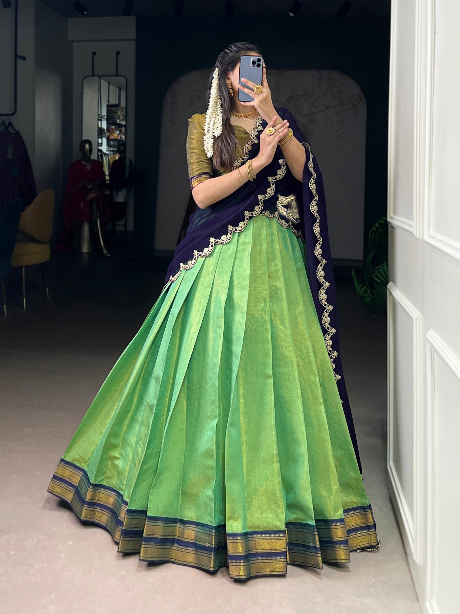 Pista Green Kanchipuram Zari Weaving Lehenga with Navy Blue Embroidered Georgette Dupatta ClothsVilla