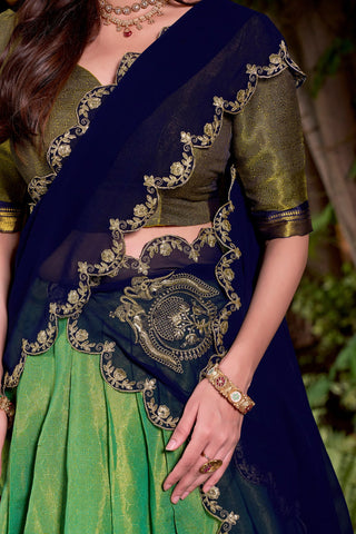 Pista Green Kanchipuram Zari Weaving Lehenga with Navy Blue Embroidered Georgette Dupatta ClothsVilla