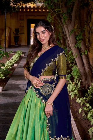 Pista Green Kanchipuram Zari Weaving Lehenga with Navy Blue Embroidered Georgette Dupatta ClothsVilla