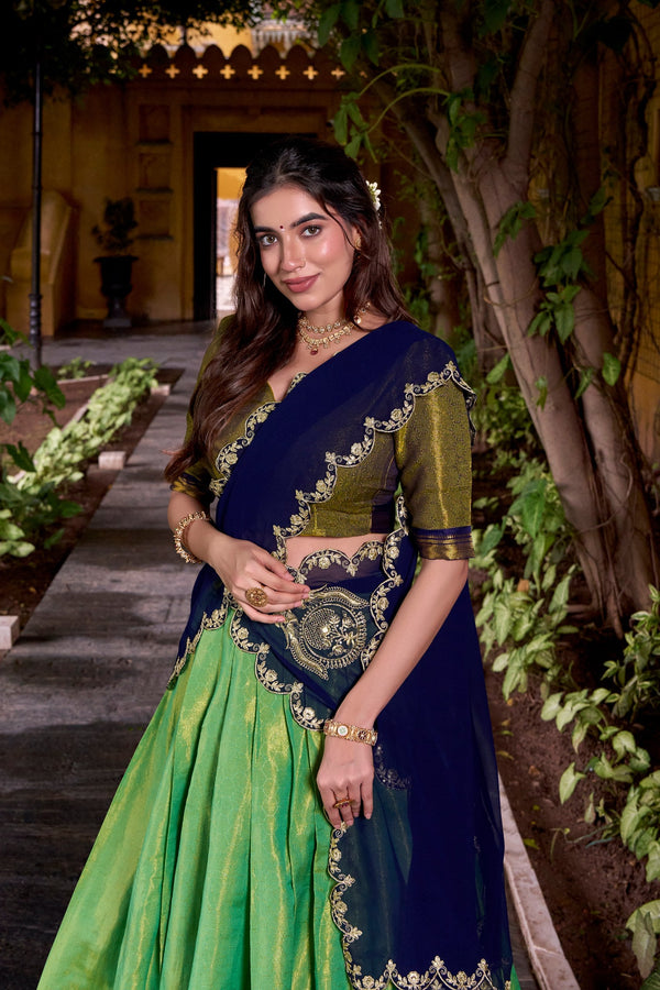 Pista Green Kanchipuram Zari Weaving Lehenga with Navy Blue Embroidered Georgette Dupatta ClothsVilla