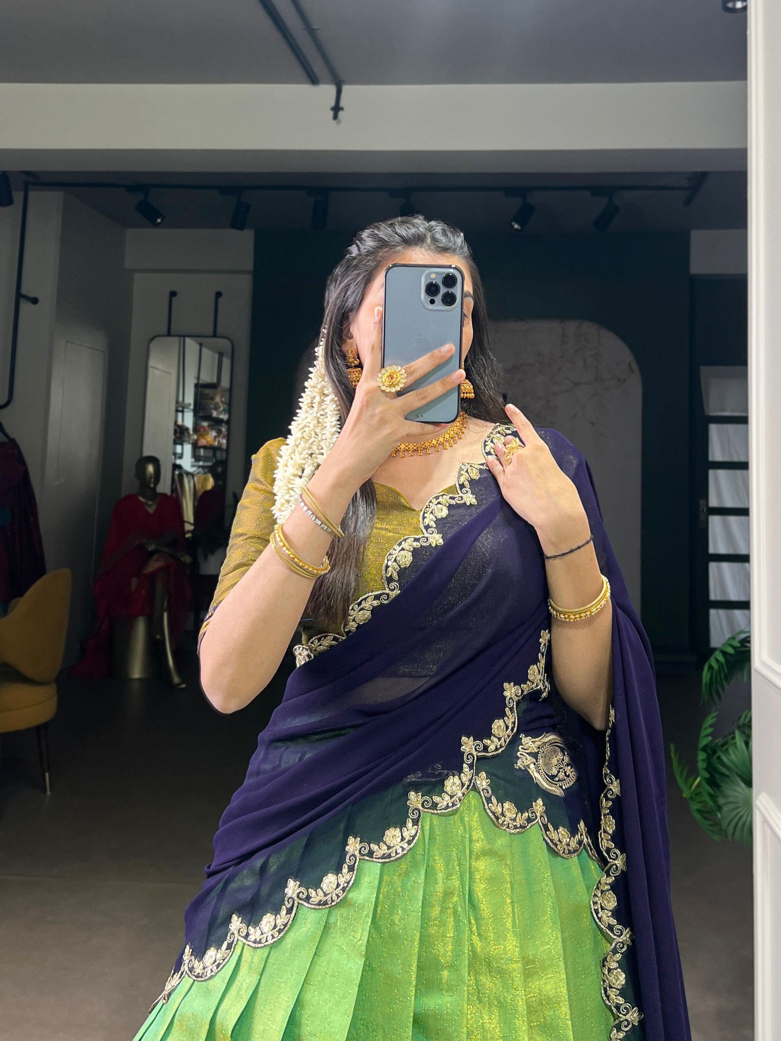 Pista Green Kanchipuram Zari Weaving Lehenga with Navy Blue Embroidered Georgette Dupatta ClothsVilla