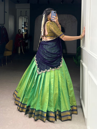 Pista Green Kanchipuram Zari Weaving Lehenga with Navy Blue Embroidered Georgette Dupatta ClothsVilla
