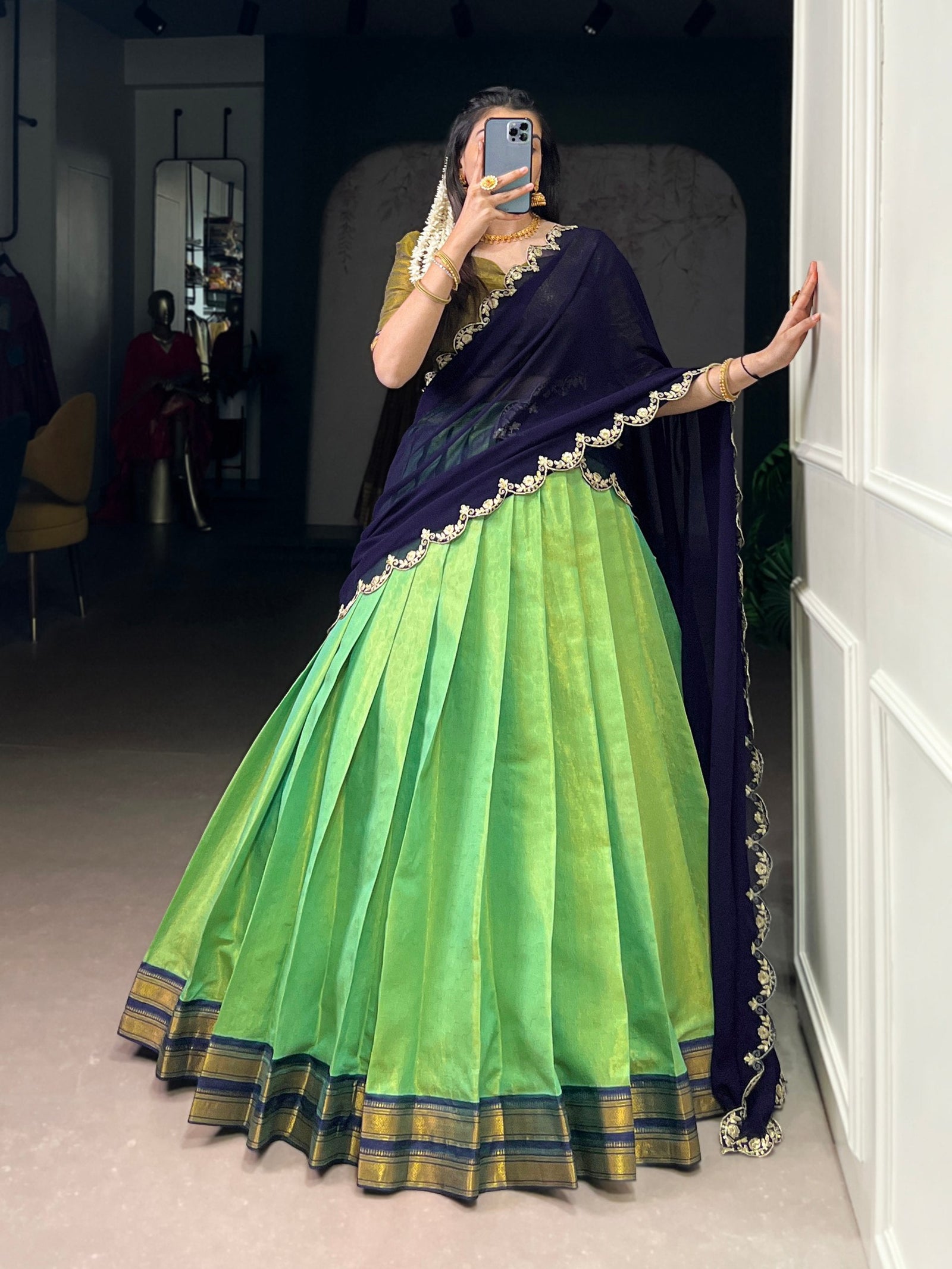 Pista Green Kanchipuram Zari Weaving Lehenga with Navy Blue Embroidered Georgette Dupatta ClothsVilla