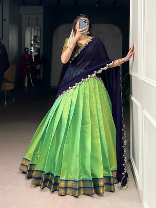 Pista Green Kanchipuram Zari Weaving Lehenga with Navy Blue Embroidered Georgette Dupatta ClothsVilla