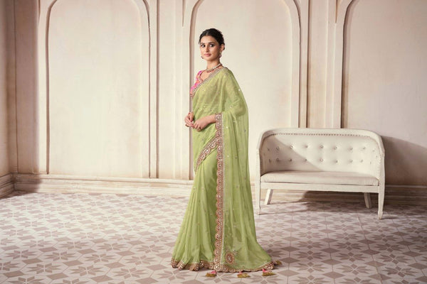 Pista Organza Cording Foil Embroidered Saree with Silk Digital Blouse ClothsVilla