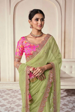 Pista Organza Cording Foil Embroidered Saree with Silk Digital Blouse ClothsVilla