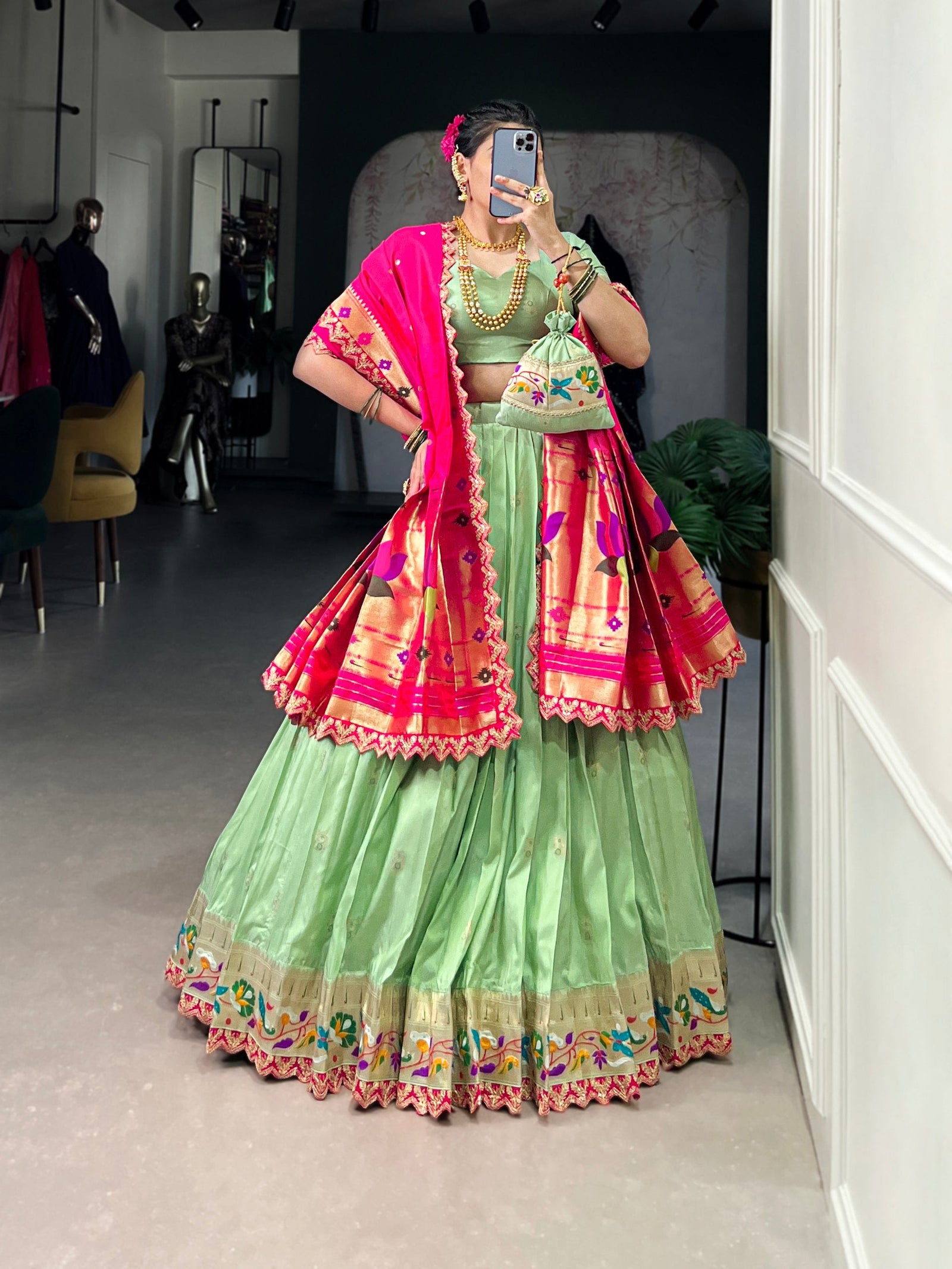 Pista Paithani Jacquard Silk Lehenga Set with Zari Weaving, Embroidery & Scallop ClothsVilla