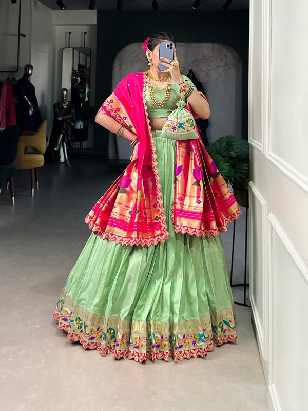Pista Paithani Jacquard Silk Lehenga Set with Zari Weaving, Embroidery & Scallop ClothsVilla