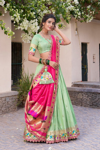 Pista Paithani Jacquard Silk Lehenga Set with Zari Weaving, Embroidery & Scallop ClothsVilla
