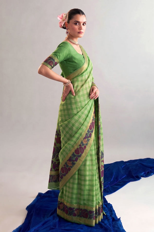 Pista Printed Chanderi Saree with Zari Weaving Work Polyester Viscose Clothsvilla