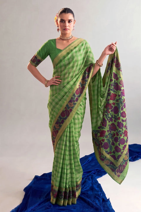 Pista Printed Chanderi Saree with Zari Weaving Work Polyester Viscose Clothsvilla Main image