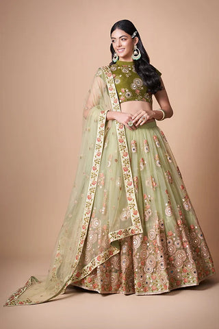 Pista Soft Net Thread  Sequins Embroidered With Mirror Work Lehenga Choli Clothsvilla