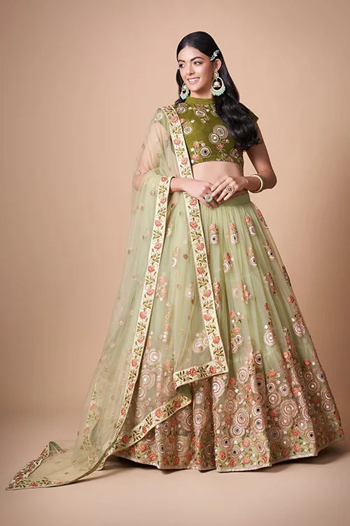 Pista Soft Net Thread  Sequins Embroidered With Mirror Work Lehenga Choli Clothsvilla