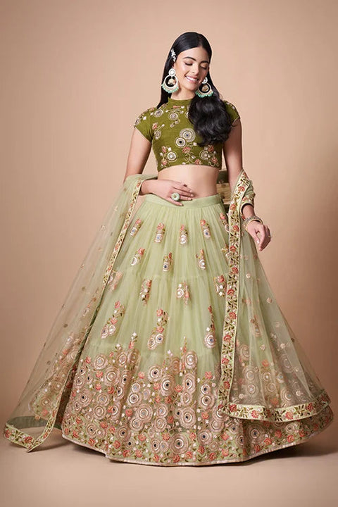 Pista Soft Net Thread  Sequins Embroidered With Mirror Work Lehenga Choli Clothsvilla Main image