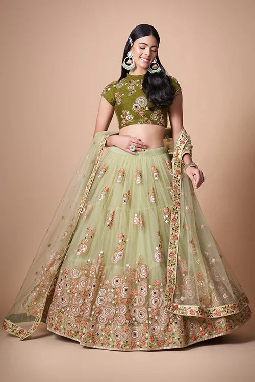 Pista Soft Net Thread  Sequins Embroidered With Mirror Work Lehenga Choli Clothsvilla Main image
