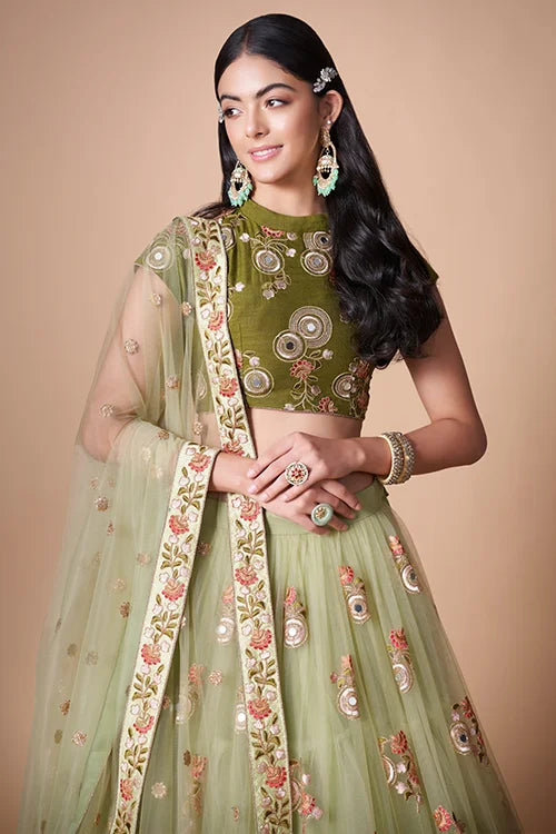 Pista Soft Net Thread  Sequins Embroidered With Mirror Work Lehenga Choli Secondary image