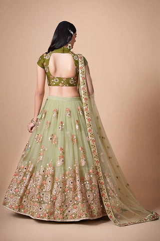 Pista Soft Net Thread  Sequins Embroidered With Mirror Work Lehenga Choli Clothsvilla