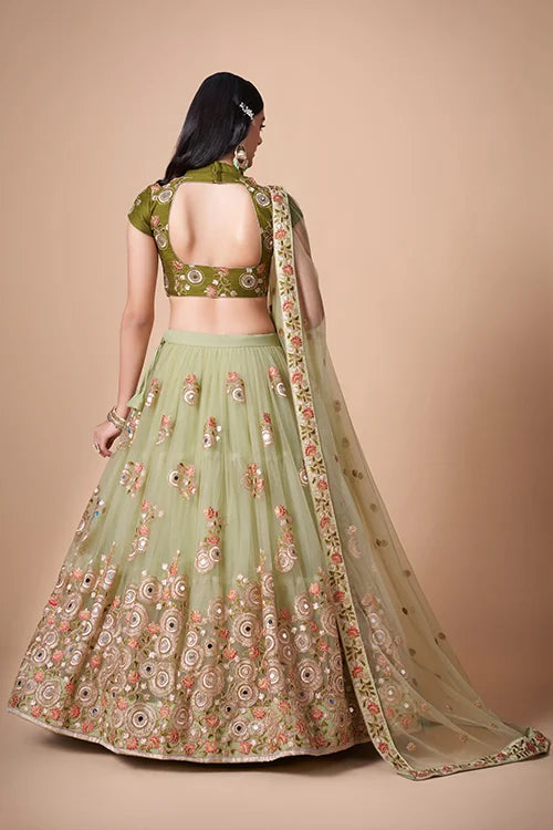 Pista Soft Net Thread  Sequins Embroidered With Mirror Work Lehenga Choli Clothsvilla
