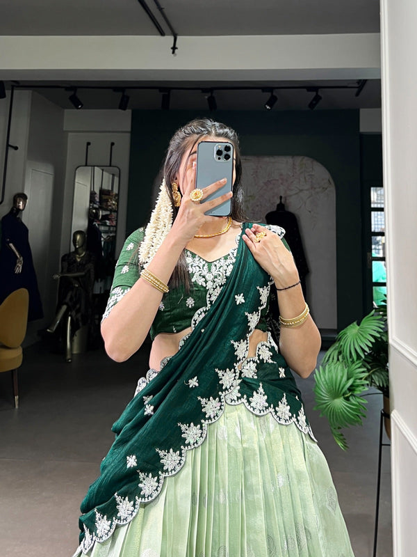 Pista Zari Kota Embroidered Lehenga Set with Vichitra Silk Dupatta – Sequins & Thread Work, Unstitched Blouse Clothsvilla