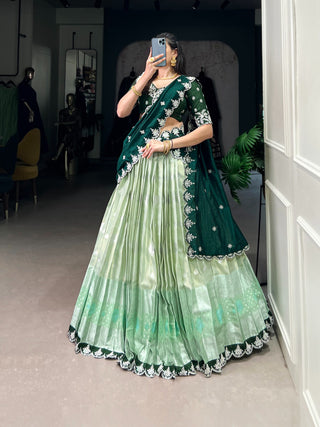 Pista Zari Kota Embroidered Lehenga Set with Vichitra Silk Dupatta – Sequins & Thread Work, Unstitched Blouse Clothsvilla